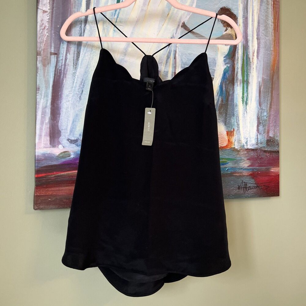 J Crew Scallop Trim Cami Tank Top Blouse Black 100% Silk Size 4 NWT